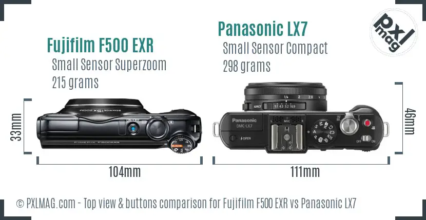 Fujifilm F500 EXR vs Panasonic LX7 top view buttons comparison Fujifilm F500 EXR vs Panasonic LX7 top view buttons comparison