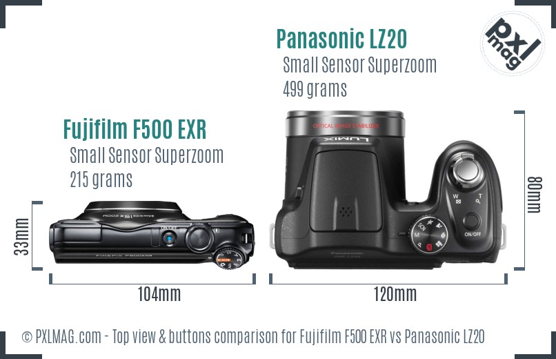 Fujifilm F500 EXR vs Panasonic LZ20 top view buttons comparison