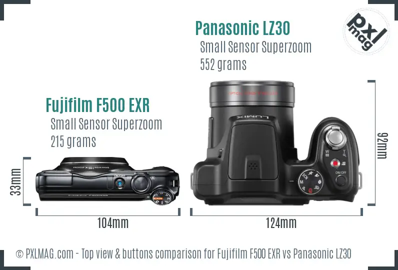 Fujifilm F500 EXR vs Panasonic LZ30 top view buttons comparison