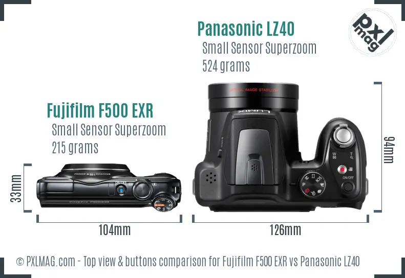 Fujifilm F500 EXR vs Panasonic LZ40 top view buttons comparison