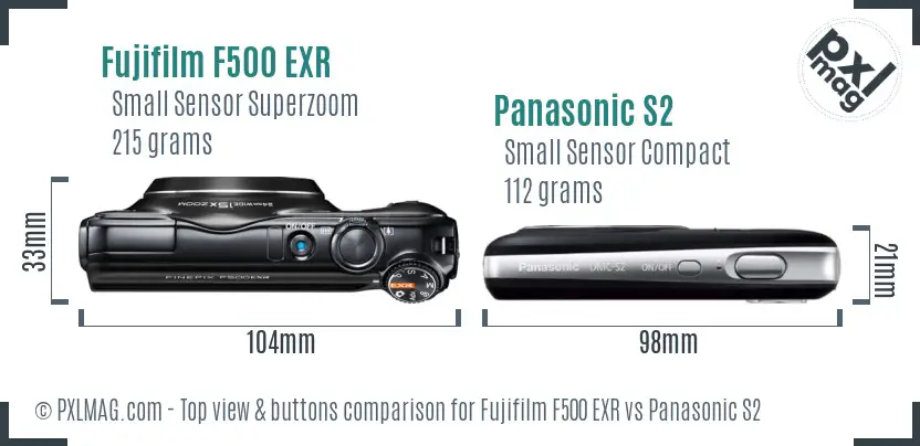 Fujifilm F500 EXR vs Panasonic S2 top view buttons comparison