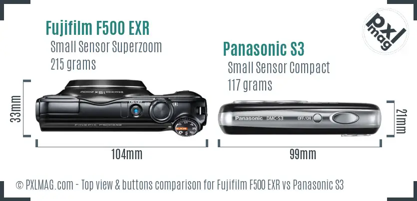 Fujifilm F500 EXR vs Panasonic S3 top view buttons comparison