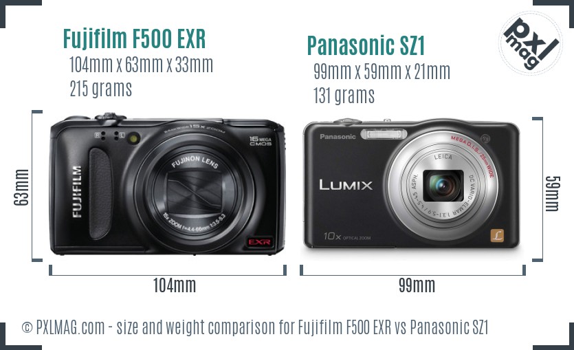 Fujifilm F500 EXR vs Panasonic SZ1 size comparison