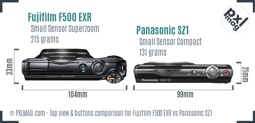 Fujifilm F500 EXR vs Panasonic SZ1 top view buttons comparison