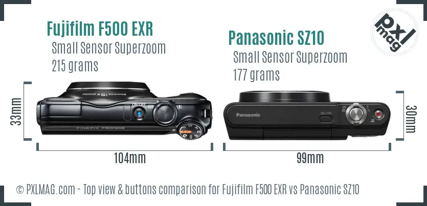 Fujifilm F500 EXR vs Panasonic SZ10 top view buttons comparison