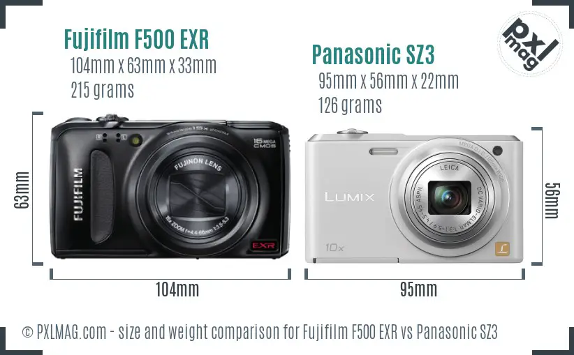 Fujifilm F500 EXR vs Panasonic SZ3 size comparison