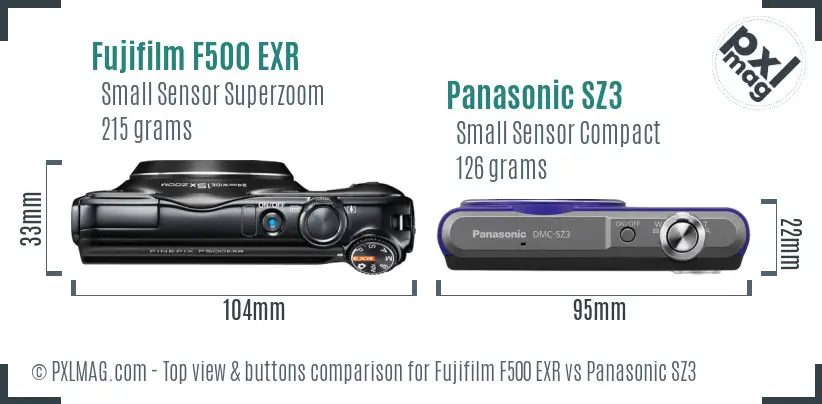 Fujifilm F500 EXR vs Panasonic SZ3 top view buttons comparison