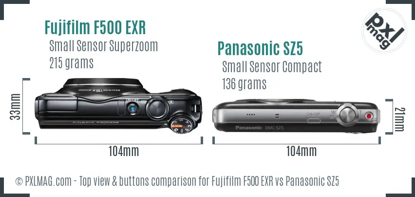 Fujifilm F500 EXR vs Panasonic SZ5 top view buttons comparison Fujifilm F500 EXR vs Panasonic SZ5 top view buttons comparison