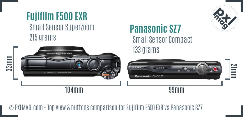 Fujifilm F500 EXR vs Panasonic SZ7 top view buttons comparison