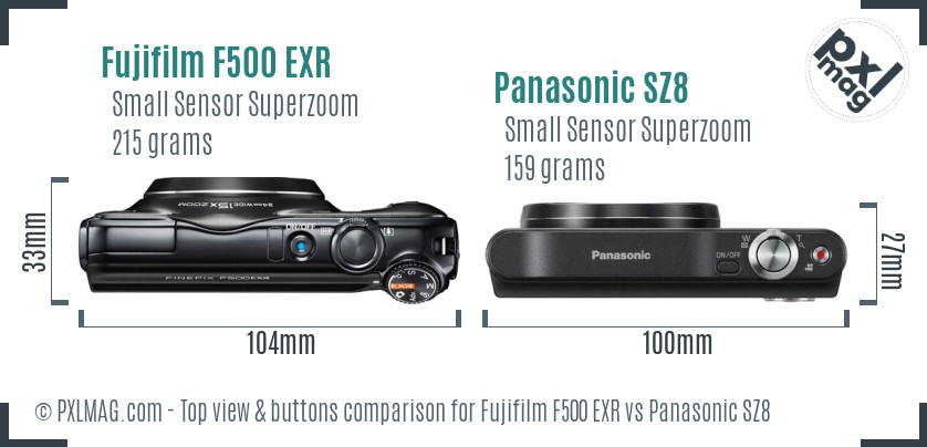 Fujifilm F500 EXR vs Panasonic SZ8 top view buttons comparison