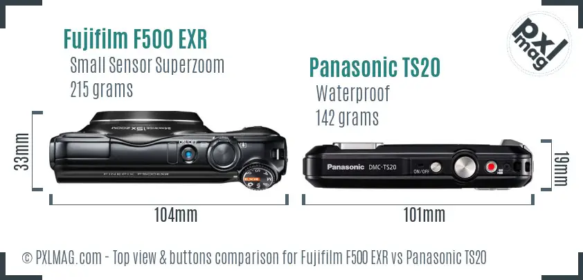 Fujifilm F500 EXR vs Panasonic TS20 top view buttons comparison Fujifilm F500 EXR vs Panasonic TS20 top view buttons comparison