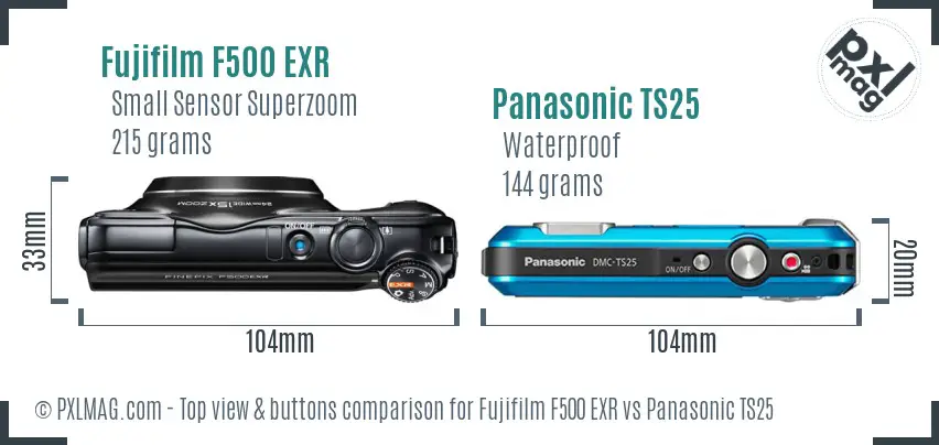 Fujifilm F500 EXR vs Panasonic TS25 top view buttons comparison Fujifilm F500 EXR vs Panasonic TS25 top view buttons comparison