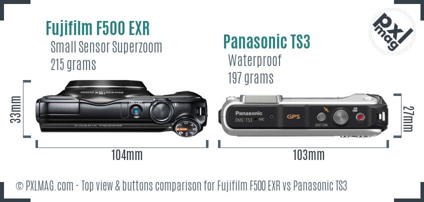 Fujifilm F500 EXR vs Panasonic TS3 top view buttons comparison