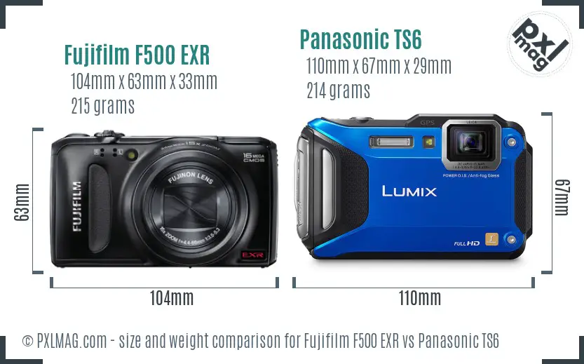 Fujifilm F500 EXR vs Panasonic TS6 size comparison