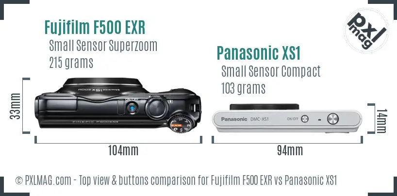 Fujifilm F500 EXR vs Panasonic XS1 top view buttons comparison
