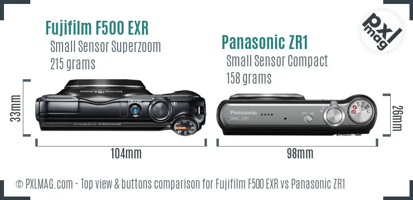 Fujifilm F500 EXR vs Panasonic ZR1 top view buttons comparison