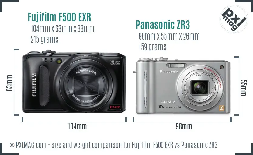 Fujifilm F500 EXR vs Panasonic ZR3 size comparison