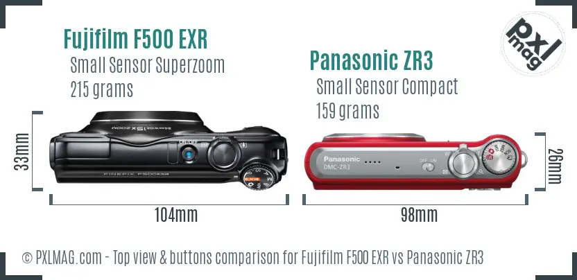 Fujifilm F500 EXR vs Panasonic ZR3 top view buttons comparison