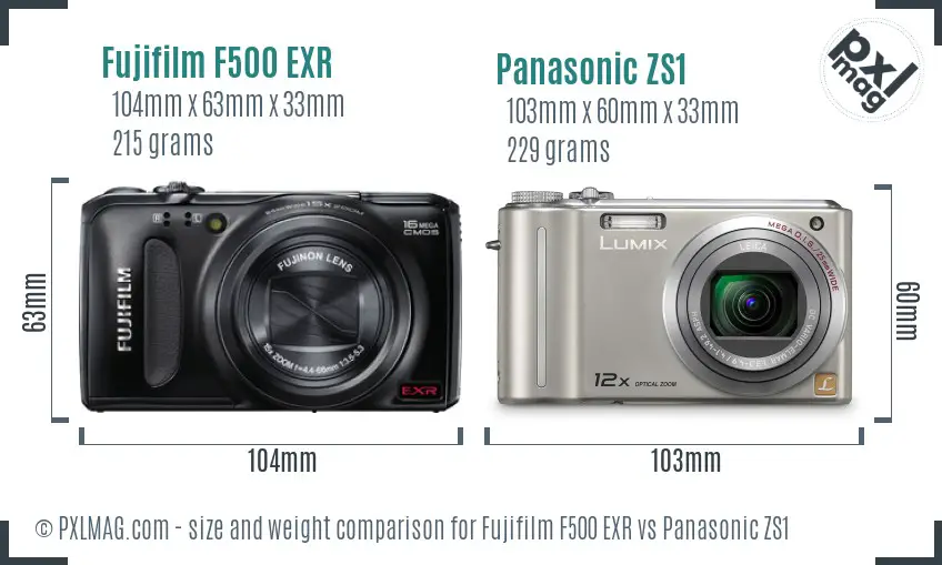 Fujifilm F500 EXR vs Panasonic ZS1 size comparison