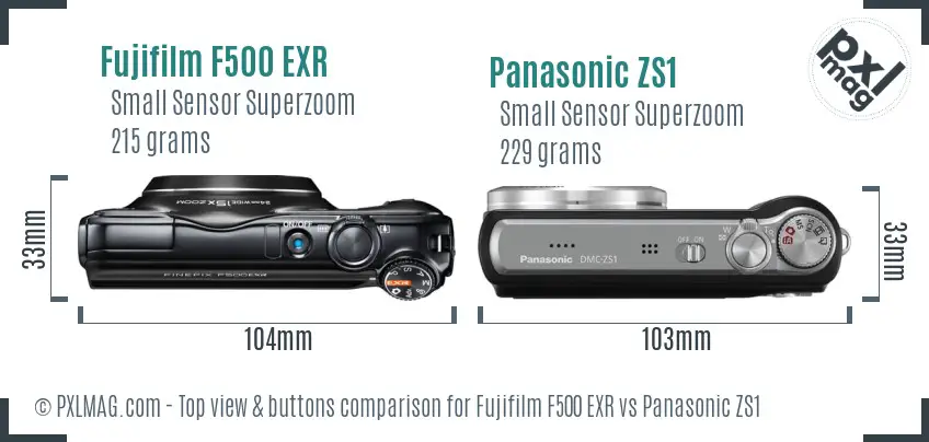 Fujifilm F500 EXR vs Panasonic ZS1 top view buttons comparison