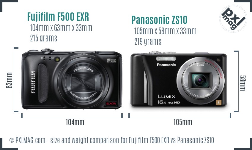 Fujifilm F500 EXR vs Panasonic ZS10 size comparison