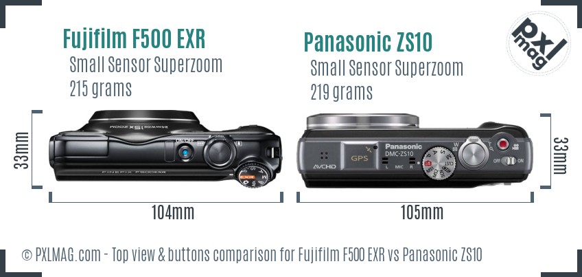 Fujifilm F500 EXR vs Panasonic ZS10 top view buttons comparison