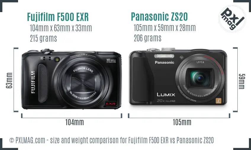 Fujifilm F500 EXR vs Panasonic ZS20 size comparison