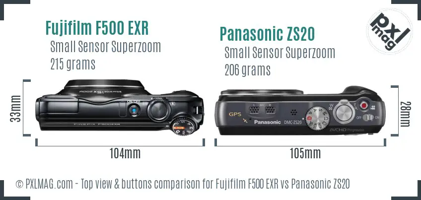 Fujifilm F500 EXR vs Panasonic ZS20 top view buttons comparison