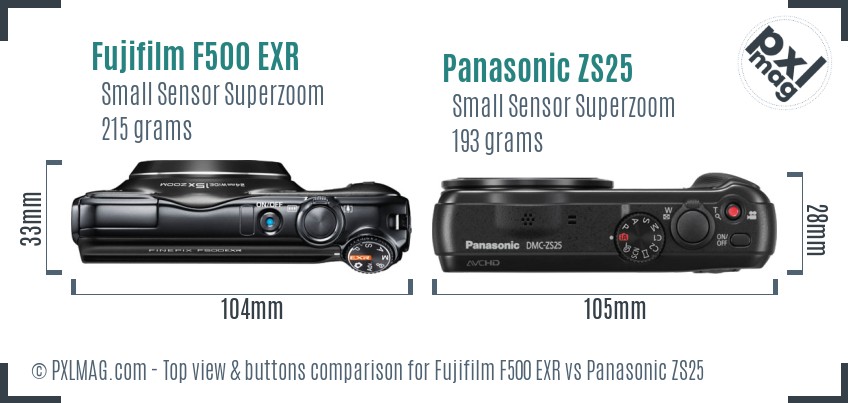 Fujifilm F500 EXR vs Panasonic ZS25 top view buttons comparison
