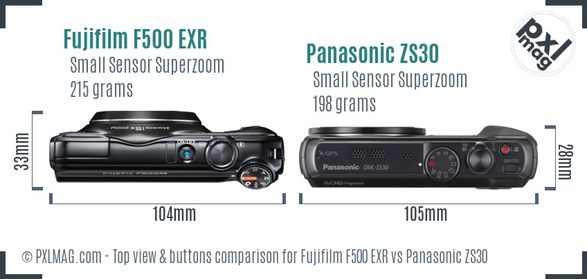 Fujifilm F500 EXR vs Panasonic ZS30 top view buttons comparison