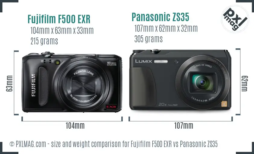 Fujifilm F500 EXR vs Panasonic ZS35 size comparison