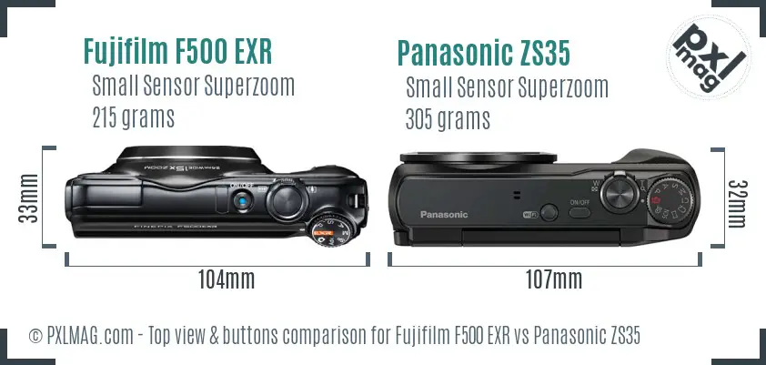 Fujifilm F500 EXR vs Panasonic ZS35 top view buttons comparison