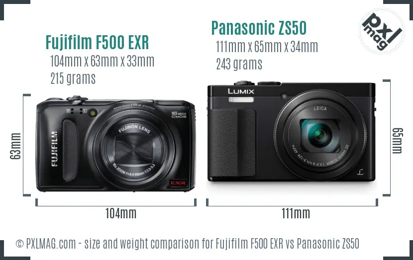 Fujifilm F500 EXR vs Panasonic ZS50 size comparison