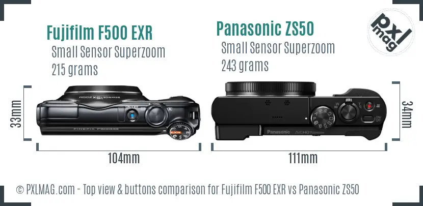 Fujifilm F500 EXR vs Panasonic ZS50 top view buttons comparison
