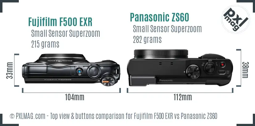 Fujifilm F500 EXR vs Panasonic ZS60 top view buttons comparison