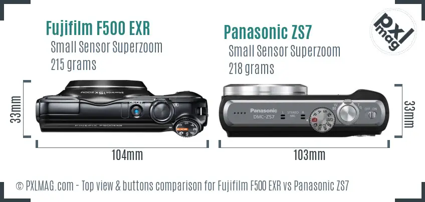 Fujifilm F500 EXR vs Panasonic ZS7 top view buttons comparison Fujifilm F500 EXR vs Panasonic ZS7 top view buttons comparison