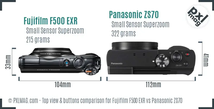 Fujifilm F500 EXR vs Panasonic ZS70 top view buttons comparison