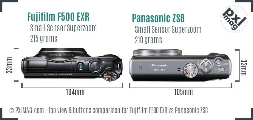 Fujifilm F500 EXR vs Panasonic ZS8 top view buttons comparison Fujifilm F500 EXR vs Panasonic ZS8 top view buttons comparison