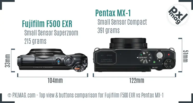 Fujifilm F500 EXR vs Pentax MX-1 top view buttons comparison