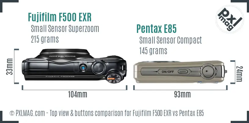 Fujifilm F500 EXR vs Pentax E85 top view buttons comparison
