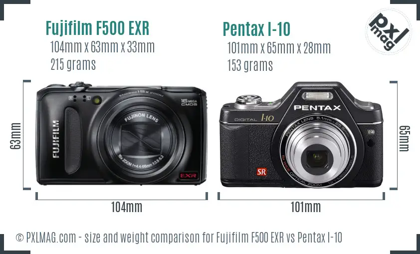 Fujifilm F500 EXR vs Pentax I-10 size comparison