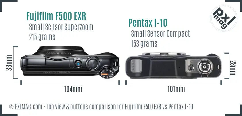 Fujifilm F500 EXR vs Pentax I-10 top view buttons comparison