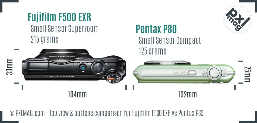 Fujifilm F500 EXR vs Pentax P80 top view buttons comparison
