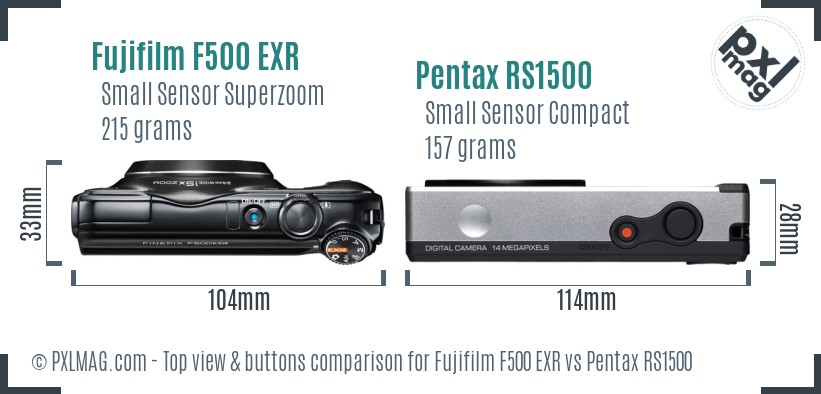 Fujifilm F500 EXR vs Pentax RS1500 top view buttons comparison