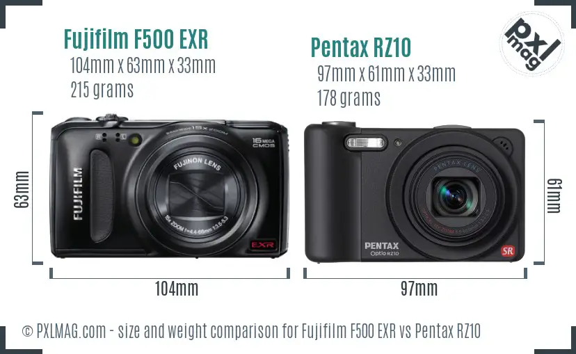 Fujifilm F500 EXR vs Pentax RZ10 size comparison