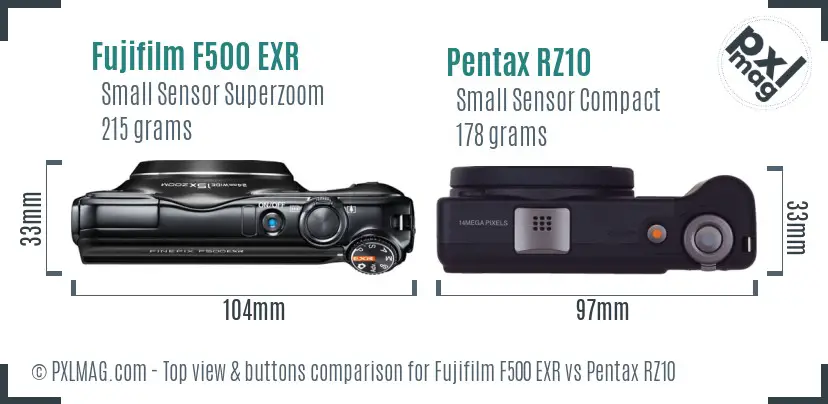 Fujifilm F500 EXR vs Pentax RZ10 top view buttons comparison