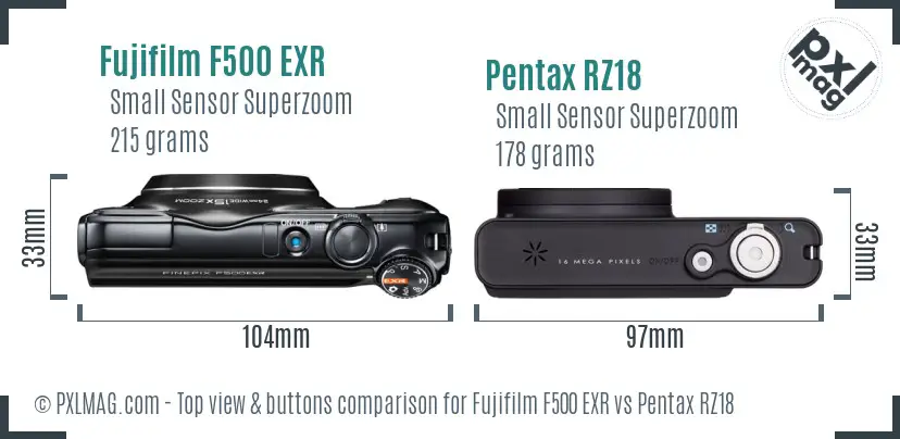 Fujifilm F500 EXR vs Pentax RZ18 top view buttons comparison