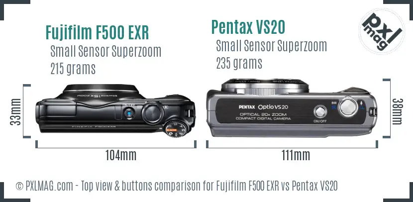 Fujifilm F500 EXR vs Pentax VS20 top view buttons comparison