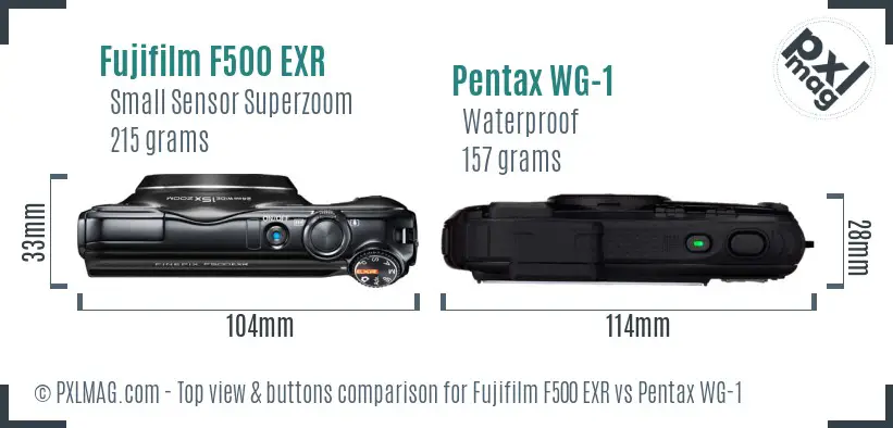 Fujifilm F500 EXR vs Pentax WG-1 top view buttons comparison