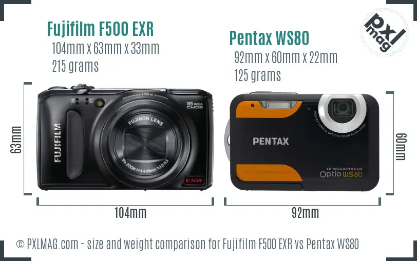 Fujifilm F500 EXR vs Pentax WS80 size comparison